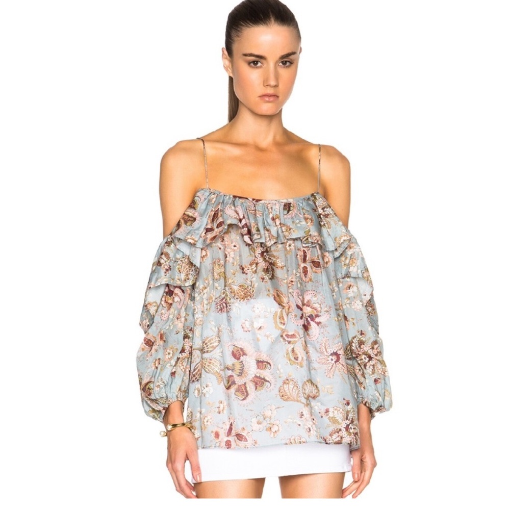 Zimmermann Pavillion Light Blue Floral Cold Shoulder Trapeze Flowy Blouse